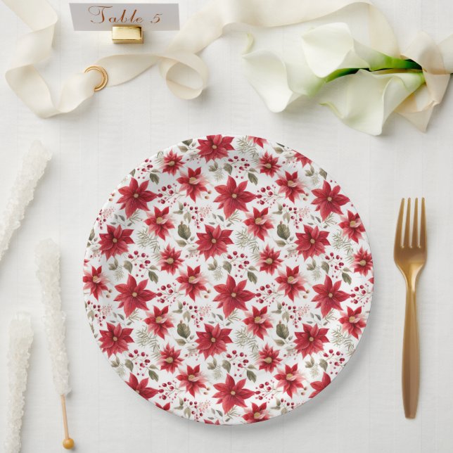 Red poinsettia Christmas Flowers Berries Holiday Paper Plate (Wedding)