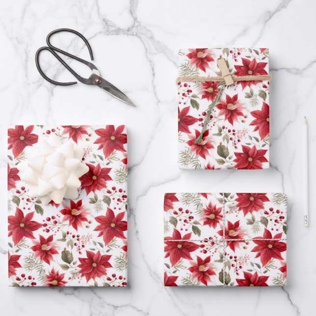 Red Poinsettia Christmas Flowers Floral Red Berry Wrapping Paper Sheet (Front)