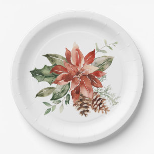 Red Poinsettia Christmas Greenery Paper Plate