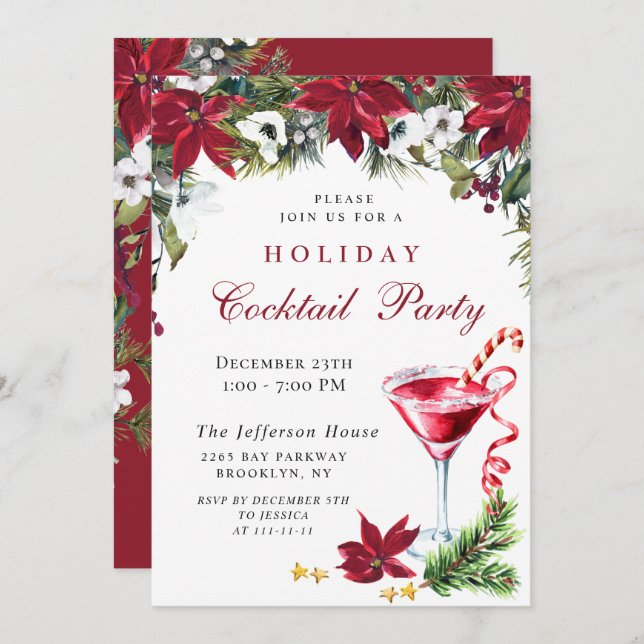 Red Poinsettia Christmas Holiday Cocktail Party Invitation (Front/Back)