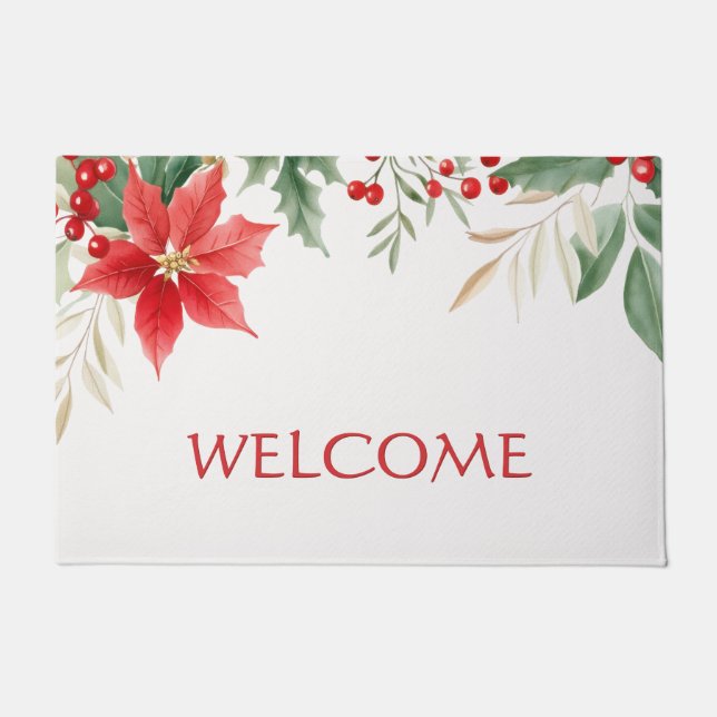 Red Poinsettia Christmas Holiday Doormat (Front)
