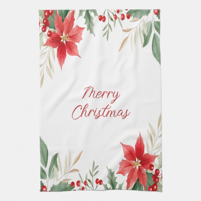 Red Poinsettia Christmas Holiday Kitchen Towel (Vertical)