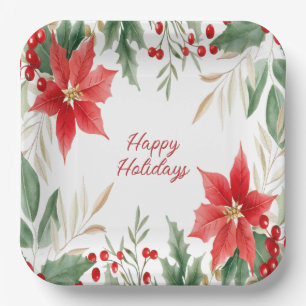 Red Poinsettia Christmas Holiday Paper Plate
