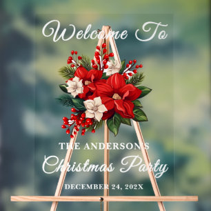 Red Poinsettia Christmas Holiday Party Welcome Acrylic Sign