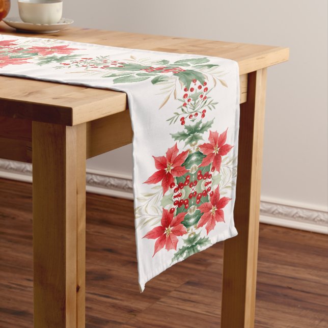 Red Poinsettia Christmas Holiday Table Runner (In Situ)