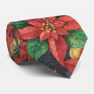 Red Poinsettia Christmas Holiday Tie