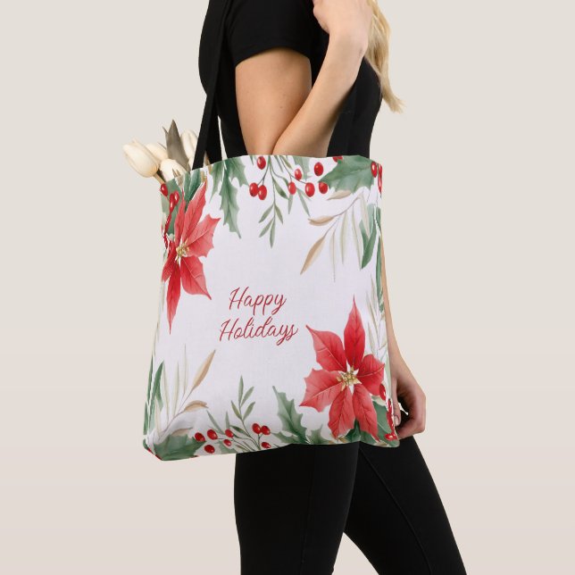 Red Poinsettia Christmas Holiday Tote Bag (Close Up)