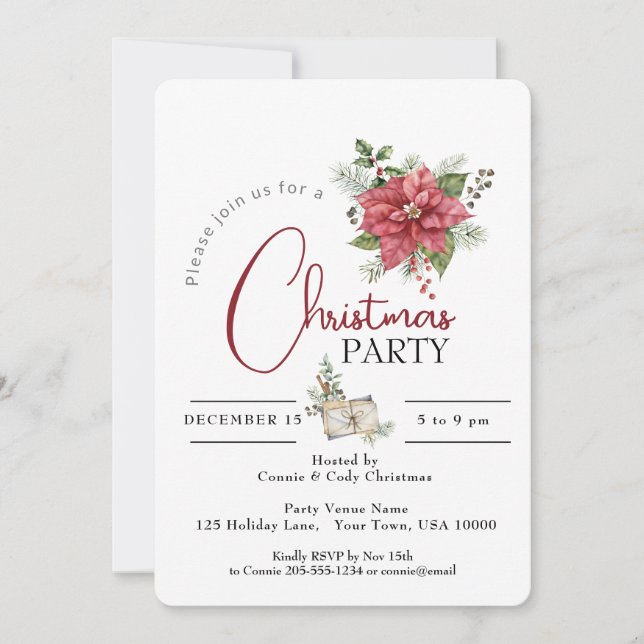 RED POINSETTIA CHRISTMAS PARTY INVITATION (Front)