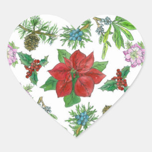 Red Poinsettia Christmas Plants Botanical Heart Sticker