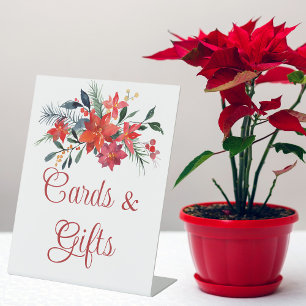 Red Poinsettia Christmas Wedding Cards & Gifts Pedestal Sign