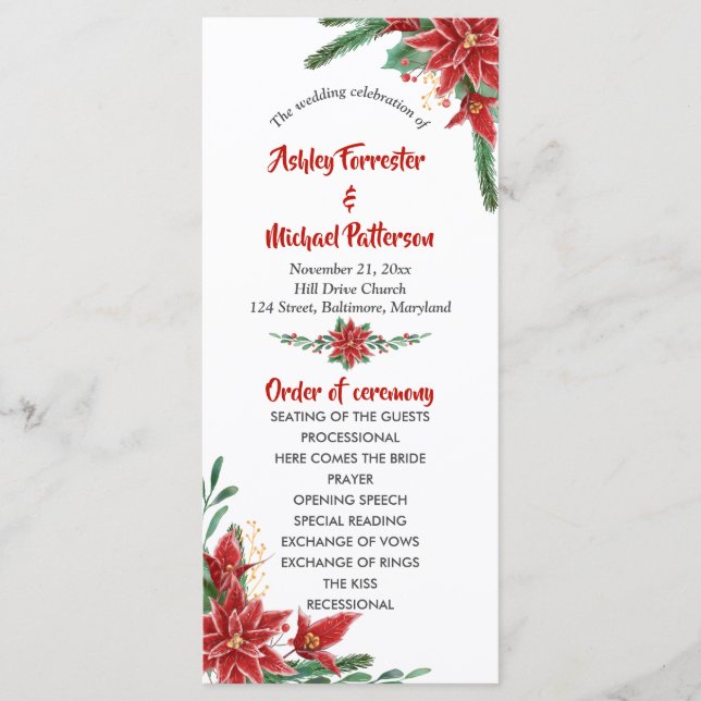 Red Poinsettia Christmas Wedding Program (Front)