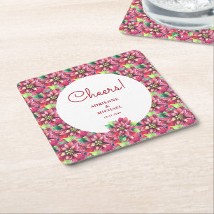 Red Poinsettia Christmas Wedding  Square Paper Coaster