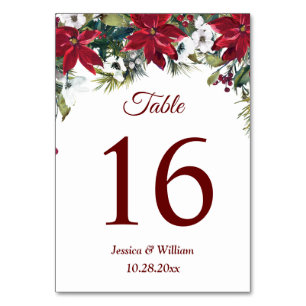 Red Poinsettia Christmas Wedding Table Number