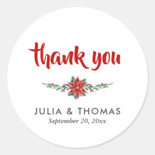 Red Poinsettia Christmas Wedding Thank You Classic Round Sticker