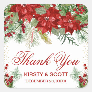 Red Poinsettia Christmas Wedding Thank You Favour Square Sticker
