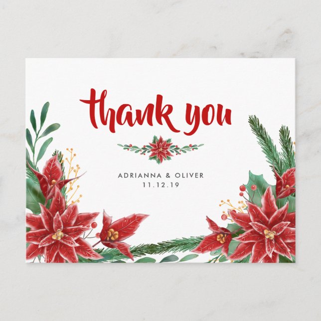 Red Poinsettia Christmas Wedding Thank You Postcard (Front)