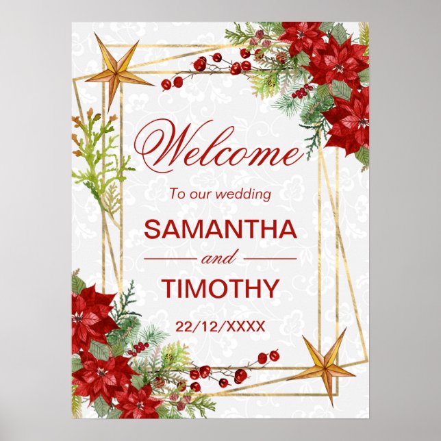 Red Poinsettia Christmas Wedding Welcome Sign (Front)