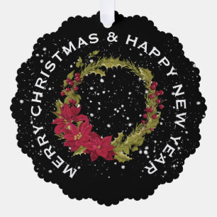 RED POINSETTIA CHRISTMAS WREATH, PERSONALIZED TREE DECORATION CARD