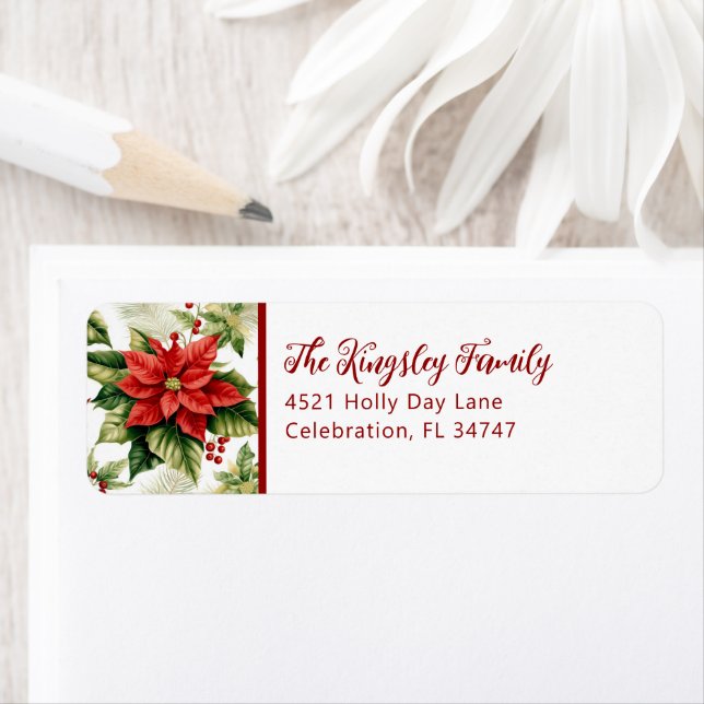 Red Poinsettia Classic Christmas Return Address Label (Insitu)