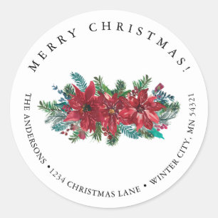 Red Poinsettia Classic Merry Christmas Address Round Sticker