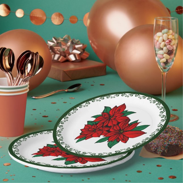 Red Poinsettia Cluster Christmas Floral Holiday  Paper Plate (Multi)