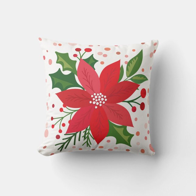 Red Poinsettia Cushion (A square throw pillow features a festive holiday design.)