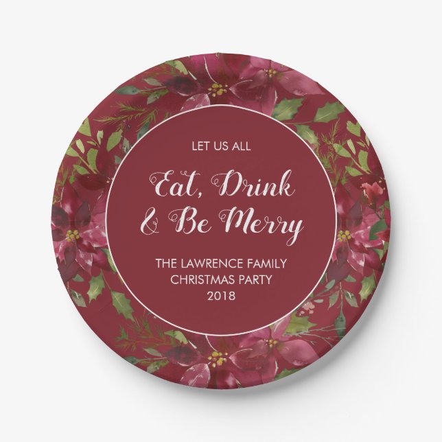 Red Poinsettia Eat Drink Merry Christmas Party Paper Plate (Front)