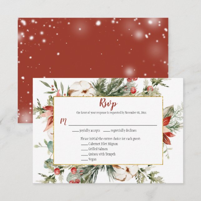 Red Poinsettia Evergreen Christmas Gold RSVP Card (Front/Back)