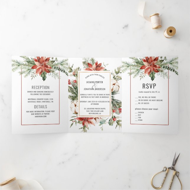 Red Poinsettia Evergreens Red Berries Wedding Tri-Fold Invitation (Inside)