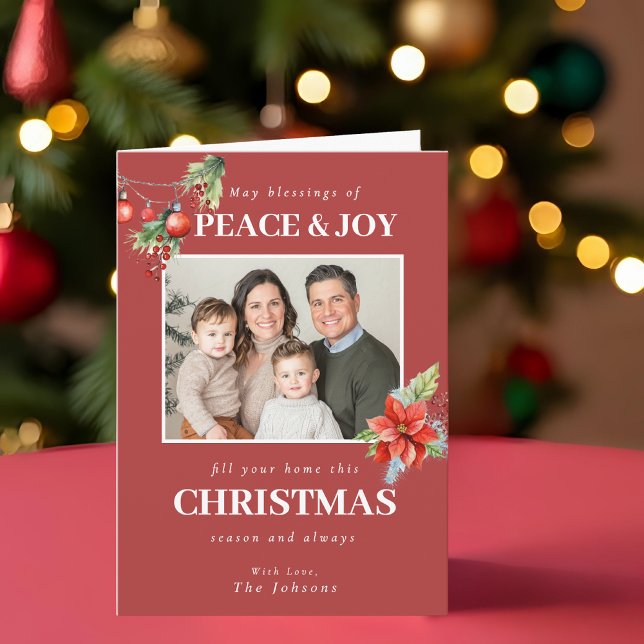 Red Poinsettia Family Photo Christmas Holiday Card (Creator Uploaded)