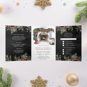 Red Poinsettia Fireplace Christmas Black Wedding Tri-Fold Invitation