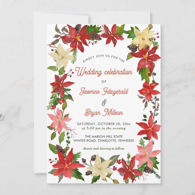 Red Poinsettia Floral Berry Christmas | Wedding Invitation (Front)