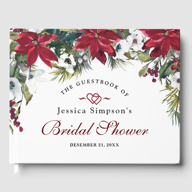 Red Poinsettia Floral Christmas Bridal Shower Guest Book (Front)