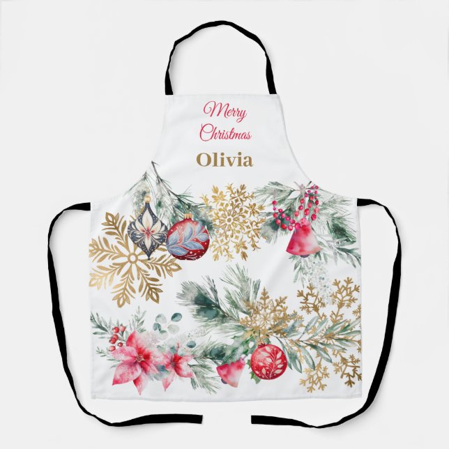 Red Poinsettia Floral Christmas Dinner Party  Apron (Front)
