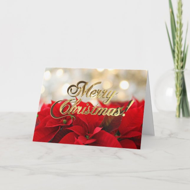 Red Poinsettia Floral Christmas Faux Gold Script Holiday Card (Front)
