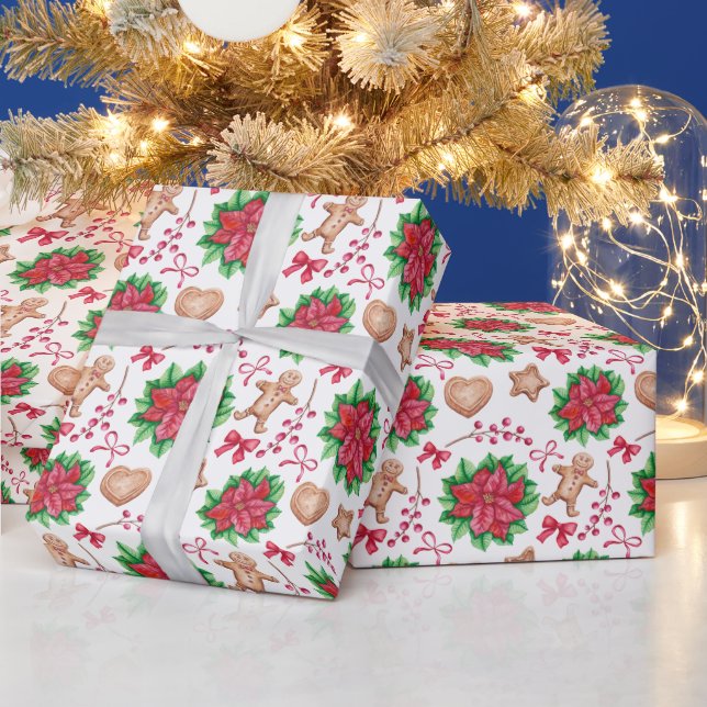 Red Poinsettia Floral Christmas Holiday Gift Wrapping Paper (Holidays)