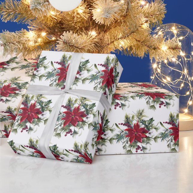 Red Poinsettia Floral Christmas Holiday Gift Wrapping Paper (Holidays)