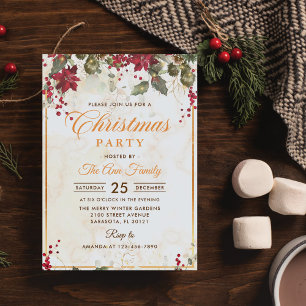 Red Poinsettia Floral Christmas Party Invitation