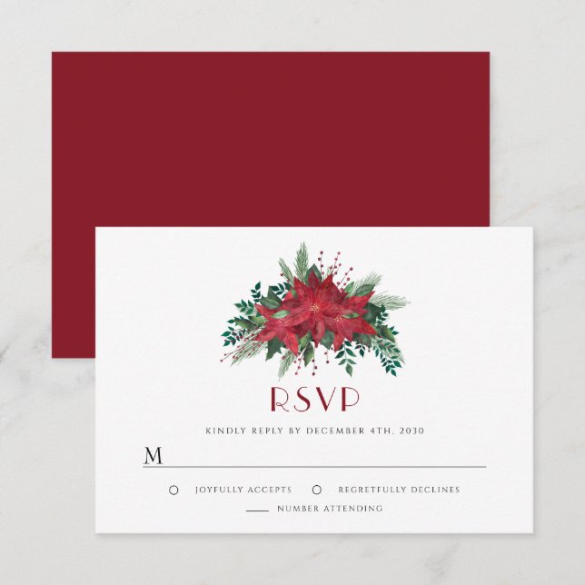 Red Poinsettia Floral Christmas Party RSVP Card (Front/Back)