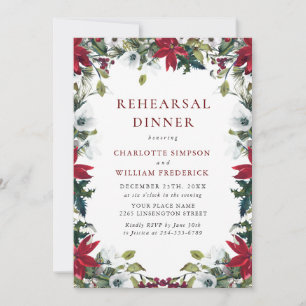 Red Poinsettia Floral Christmas Rehearsal Dinner Invitation