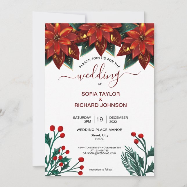 Red Poinsettia Floral Christmas Watercolor Wedding Invitation (Front)