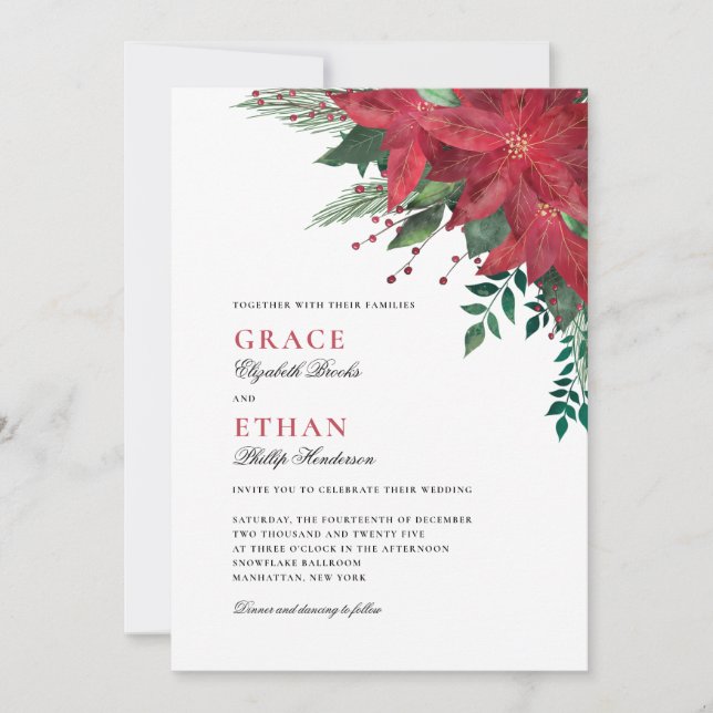 Red Poinsettia Floral Christmas Wedding Invitation (Front)