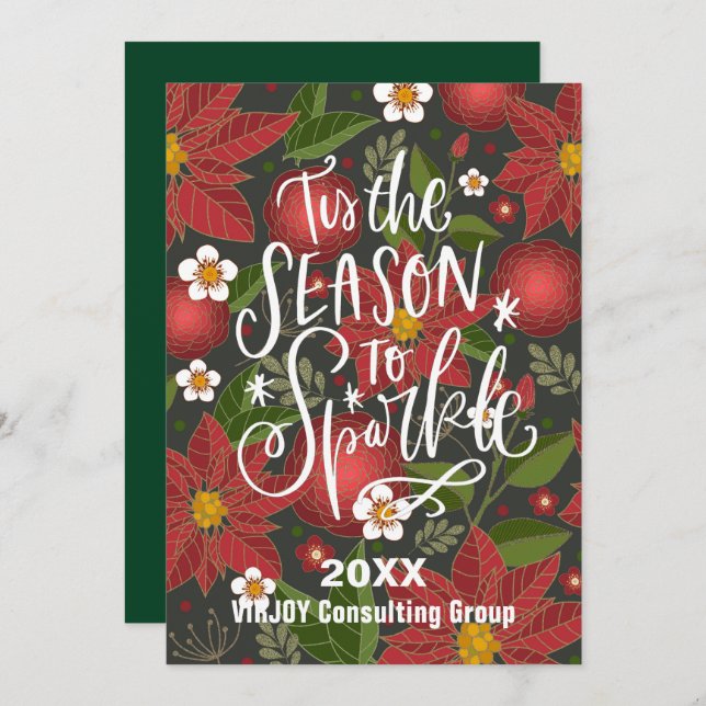 Red Poinsettia Floral Elegant Script Corporate Holiday Card (Front/Back)