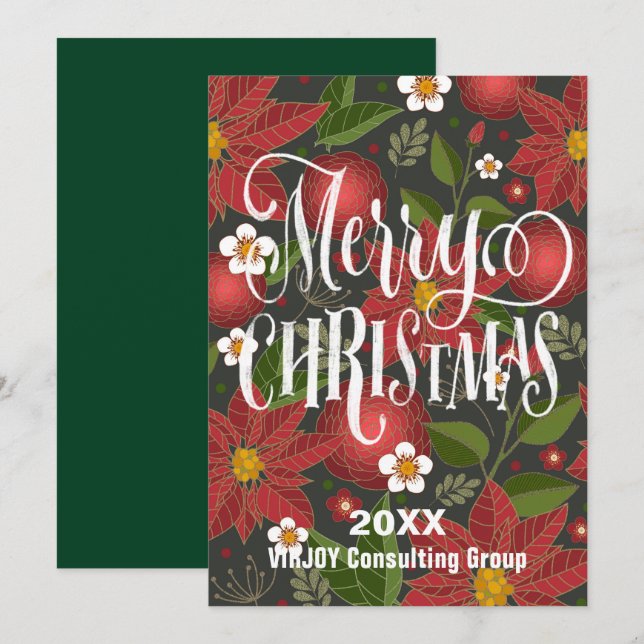 Red Poinsettia Floral Elegant Script Corporate Holiday Card (Front/Back)