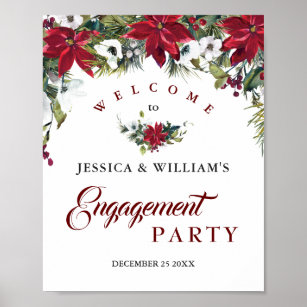 Red Poinsettia  Floral Engagement Party Sign