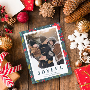 Red Poinsettia Floral Green Photo Christmas Holiday Card