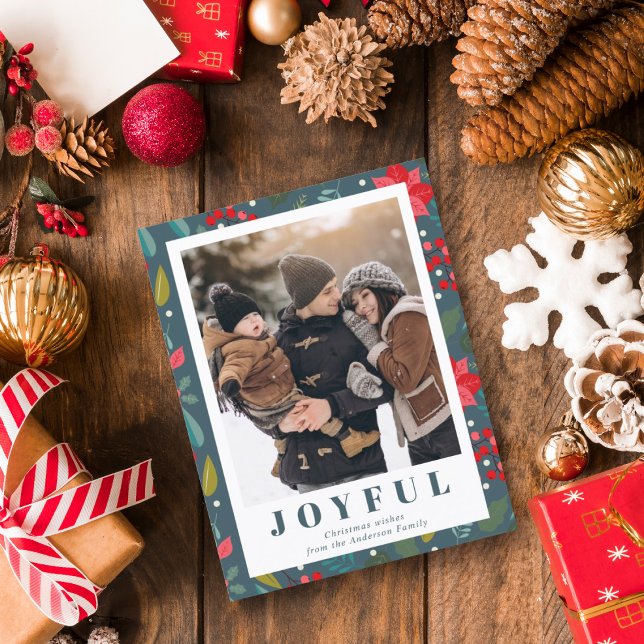 Red Poinsettia Floral Green Photo Christmas Holiday Card (Creator Uploaded)