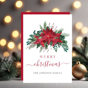 Red Poinsettia Floral Merry Christmas Holiday Card
