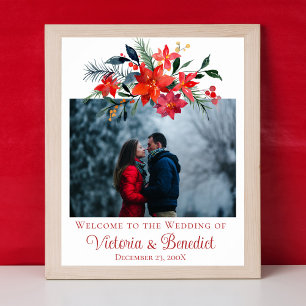 Red Poinsettia Floral Photo Christmas Wedding Poster