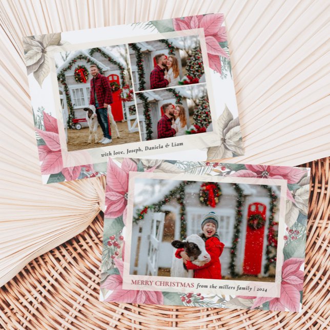 Red Poinsettia Floral Photo Merry Christmas Holiday Card (Creator Uploaded)